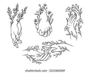 Conjunto de flor sosteniendo mano. Colección de manos femeninas con flores. Parejas de manos. Romántico. Diseño de ropa. Ilustración vectorial aislada en fondo blanco.
