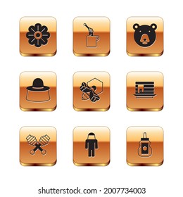 Set Flower, Honey dipper stick, Beekeeper with protect hat, and honeycomb, Bear head, Jar of and  icon. Vector