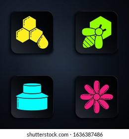 Set Flower, Honeycomb, Beekeeper with protect hat and Bee and honeycomb. Black square button. Vector