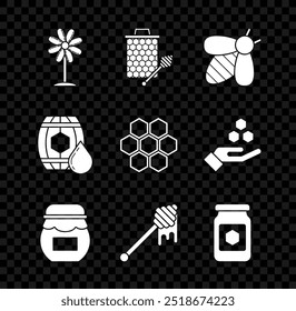 Conjunto de flores, panal con icono de palo de miel, abeja, tarro de agua, goteo, barril de madera e icono. Vector