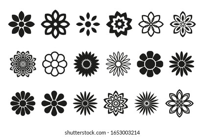 Set of flower icons. Black silhouette. Vector graphic drawing. Isolated object on a white background. Isolate.