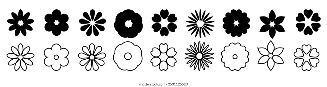 Set of flower icons. 
Collection of black, floral outlines.
Geometric, abstract silhouettes of flowers.Vector illustration.