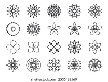 Conjunto de ícones de flores. Coleção de cabeças de flores de contorno monocromático. Vetor 10 EPS.