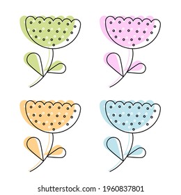 Set with Flower Icons in different colors. Thin Lines. Made in Simple Flat Style. Doodle Outline. Vector illustration
