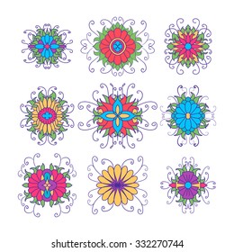 Set of flower icons isolated on white. Cute design in bright colors for stickers, labels, tags, gift wrapping paper.