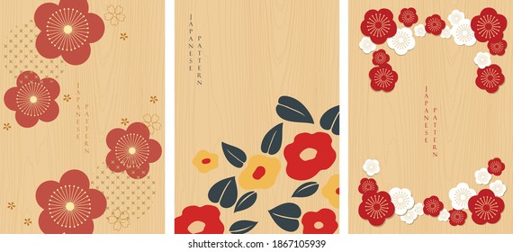 Set of flower icons with Japanese background with wood texture vector. Cherry blossom flower pattern on vintage style.