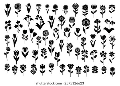 Set of Flower icons Silhouettes, Abstract botanical flower icon, vector botany floral design Cute round flower plant nature collection, Vector illustrator.