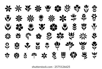 Set of Flower icons Silhouettes, Abstract botanical flower icon, vector botany floral design Cute round flower plant nature collection, Vector illustrator.