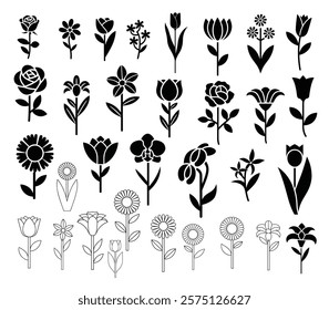 Set of Flower icons Silhouettes, Abstract botanical flower icon, vector botany floral design Cute round flower plant nature collection, Vector illustrator.