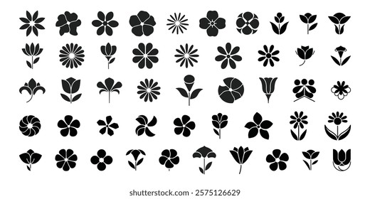 Set of Flower icons Silhouettes, Abstract botanical flower icon, vector botany floral design Cute round flower plant nature collection, Vector illustrator.