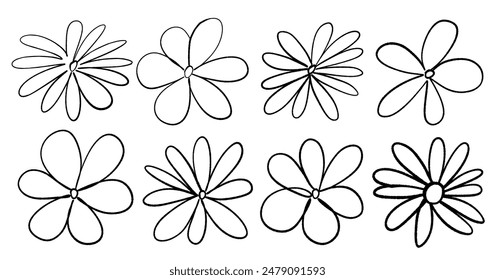 Set of flower icons in simple line style. Vector drawn flowers isolated on white background