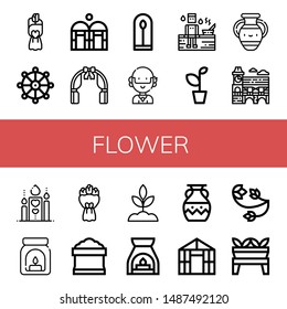 Set of flower icons such as Bouquet, Buddhism, Greenhouse, Wedding arch, Plant, Hippie, Sauna, Vase, Mimosa, Romantic, Aroma, Potting soil, Sprout, Aromatherapy, Floral design , flower