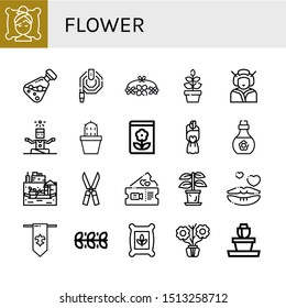 Set of flower icons such as Spa, Essential oil, Water hose, Flower crown, Plant, Geisha, Yoga, Cactus, Gardening, Bouquet, Skin oil, Floating market, Shears, Romantic , flower