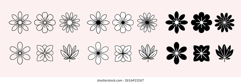 Set of flower icons. Universal black and white flower icons for design and logos. Excellent templates for greenhouses, web, printing, postcards.