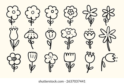 set of flower illustration hand drawn style, flat and doodle style, scribble line art, flower and natural concept