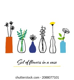 Set of flower illustrations in a vase (white background, vector, cut out)