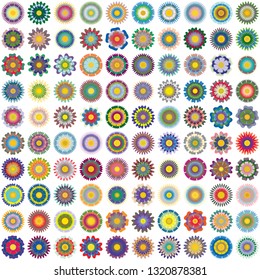 A set of flower images with various colors and shapes. Individual flowers can be used for tile, porcelain vessels, wrapping paper, and decorative designs. Vector illustration.