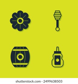 Set Flower, Jar of honey, Wooden barrel with and Honey dipper stick icon. Vector