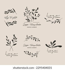 Set of flower and leaf design logo template. Botanical decorative wreath, garland and border design element great for branding.