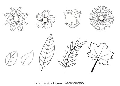 set of flower and leaf elements in outline form