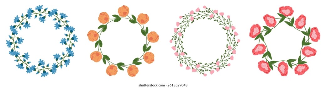Set of flower and leaf frames. Floral round frame. Hand drawn simple botanical round frame, laurel, wreath with flowers. Elegant vector illustration for wedding invitation, card, logo.
