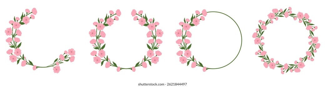 Set of flower and leaf frames. Floral round frame. Hand drawn simple botanical round frame, laurel, wreath with flowers. Elegant vector illustration for wedding invitation, card, logo.