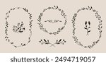 Set of flower and leaf wreath frame. Floral decoration border, garland. Botanical branch, wildflower illustration.