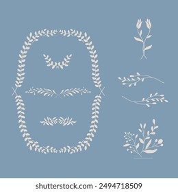 Set of flower and leaf wreath frame. Floral decoration border, garland. Botanical branch, wildflower illustration.