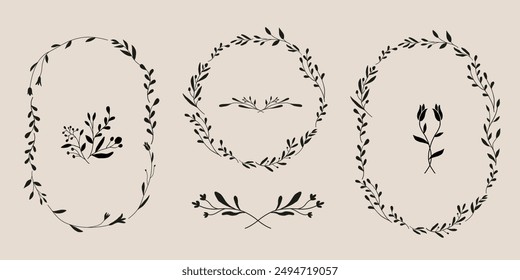 Set of flower and leaf wreath frame. Floral decoration border, garland. Botanical branch, wildflower illustration.