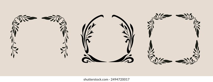 Set of flower and leaf wreath frame. Floral decoration border, garland. Botanical branch, wildflower illustration.