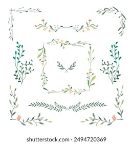Set of flower and leaf wreath frame. Floral decoration border, garland. Botanical branch, wildflower illustration.