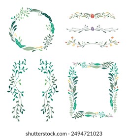 Set of flower and leaf wreath frame. Floral decoration border, garland. Botanical branch, wildflower illustration.