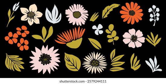 Set of flower and leaves colorful icons. Hand drawn floral design elements, shapes. Wild and garden flowers, leaves outline illustrations isolated on black background.