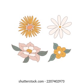 Set of flower with leaves, floral flat icons. Retro vector clip art illustration with botanical elements. Vintage 60s stickers in hand drawn style. Isolated on white background. 