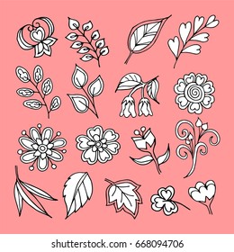 Set of flower and leaves hand drawn paper cute white on pink background beautiful. Vector Illustration