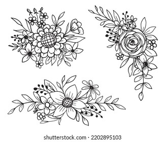 Set of flower and leaves line art collection, flower doodle line art isolated