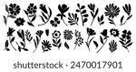 Set of flower and leaves silhouettes. Hand drawn floral design elements, icons, shapes. Wild and garden flowers, leaves black and white outline illustrations on white background.