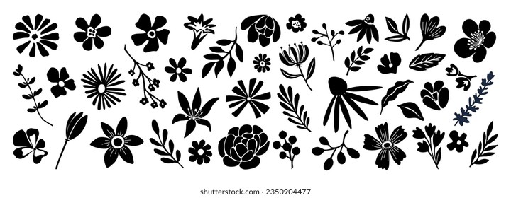 Set of flower and leaves silhouettes. Hand drawn floral design elements, icons, shapes. Wild and garden flowers, leaves black and white outline illustrations isolated on white background