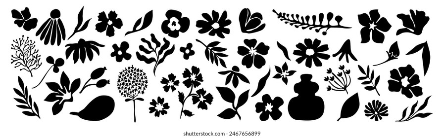 Conjunto de siluetas de flores y hojas. Elementos de diseño florales dibujados a mano, iconos, Formas. Flores silvestres y del jardín, ilustraciones del contorno de las hojas en blanco y negro sobre fondo blanco.