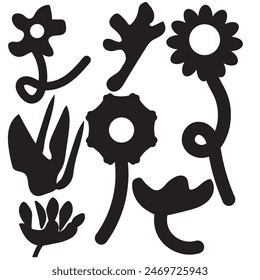 Set of flower and leaves silhouettes. Hand drawn floral design elements, icons, shapes. Wild and garden flowers, leaves black and white outline illustrations isolated on white background