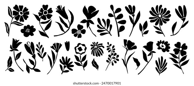 Set of flower and leaves silhouettes. Hand drawn floral design elements, icons, shapes. Wild and garden flowers, leaves black and white outline illustrations on white background.