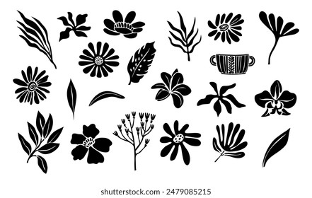 Conjunto de siluetas de flores y hojas. Elementos de diseño florales dibujados a mano, iconos, Formas. Flores silvestres y del jardín, ilustraciones del contorno de las hojas en blanco y negro sobre fondo blanco.