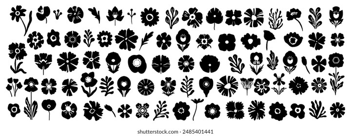 Set of flower and leaves silhouettes. Hand drawn floral design elements, icons, shapes. Wild and garden flowers, leaves black and white outline illustrations isolated on white background.