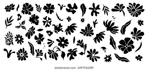 Set of flower and leaves silhouettes. Hand drawn floral design elements, icons, shapes. Wild and garden flowers, leaves black and white outline illustrations on white background.