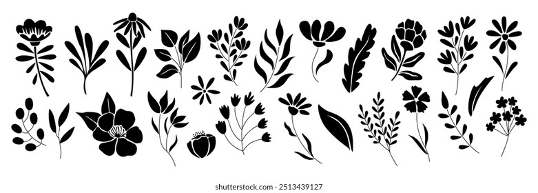 Set of flower and leaves silhouettes. Hand drawn floral design elements, icons, shapes. Wild and garden flowers, leaves black and white outline illustrations on white background.