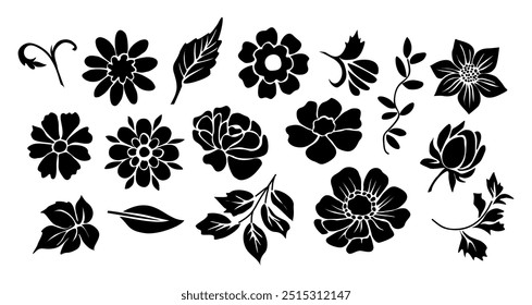 Set of flower and leaves silhouettes. Hand drawn floral design elements, icons, shapes. Wild and garden flowers, leaves black and white outline illustrations isolated on white background.