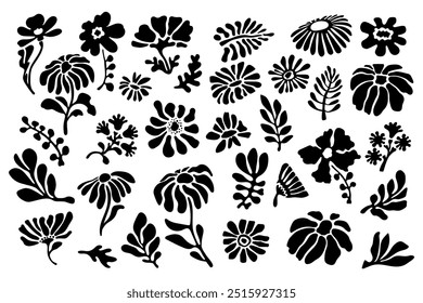 Set of flower and leaves silhouettes. Hand drawn floral design elements. Black and white outlines of wild and garden flowers and leaves isolated on white background.