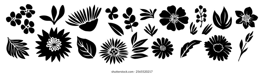 Set of flower and leaves silhouettes. Hand drawn floral design elements, icons, shapes. Wild and garden flowers, leaves black and white outline illustrations on white background.