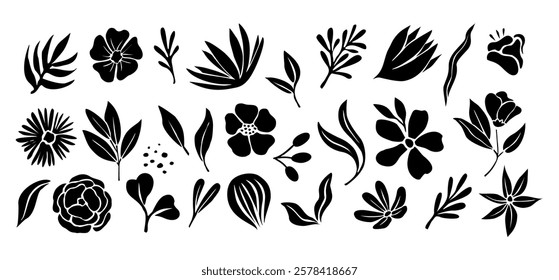 Set of flower and leaves silhouettes. Hand drawn floral design elements, icons, shapes. Wild and garden flowers, leaves black and white outline illustrations isolated on white background