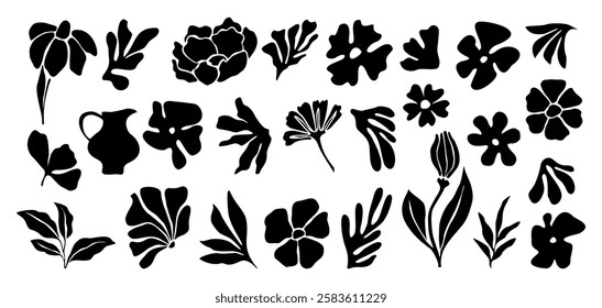 Set of flower and leaves silhouettes. Hand drawn floral design elements, icons, shapes. Wild and garden flowers, leaves black and white outline illustrations isolated on white background